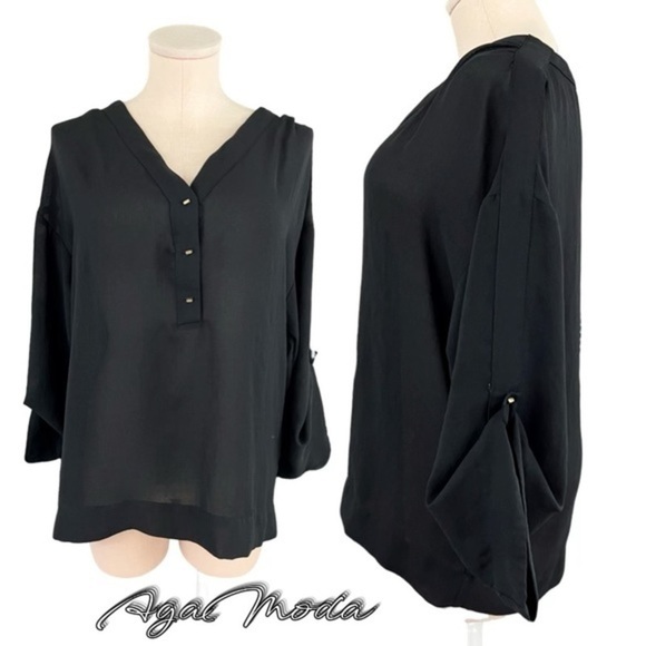 Zara Basic Black Semi Sheer Blouse with Mini Gold Peg Buttons - Picture 1 of 14